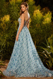 Floral Blue Sparkly Beaded Chiffon Maxi Corset Prom Dress with Slit