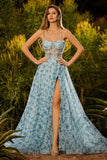 Floral Blue Sparkly Beaded Chiffon Maxi Corset Prom Dress with Slit