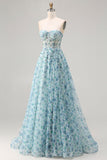 Sparkly Blue Floral Beaded Chiffon Long Corset Prom Dress with Slit