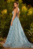 Floral Blue Sparkly Beaded Chiffon Maxi Corset Prom Dress with Slit