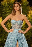 Floral Blue Sparkly Beaded Chiffon Maxi Corset Prom Dress with Slit