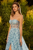 Floral Blue Sparkly Beaded Chiffon Maxi Corset Prom Dress with Slit