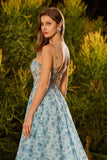 Floral Blue Sparkly Beaded Chiffon Maxi Corset Prom Dress with Slit