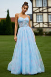 Blue Floral A Line Long Spaghetti Straps Corset Prom Dress with Slit