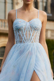 Blue Floral A Line Long Spaghetti Straps Corset Prom Dress with Slit