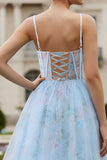 Blue Floral A Line Long Spaghetti Straps Corset Prom Dress with Slit