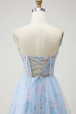 Blue Floral Corset Spaghetti Straps Long Prom Dress with Slit