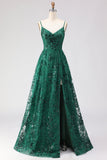 Sparkly Floral Dark Green Lace A Line Long Prom Dress with Slit