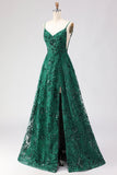 Sparkly Floral Dark Green Lace A Line Long Prom Dress with Slit