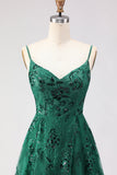 Sparkly Floral Dark Green Lace A Line Long Prom Dress with Slit