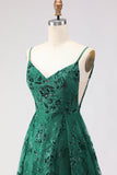 Sparkly Floral Dark Green Lace A Line Long Prom Dress with Slit