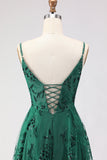 Sparkly Floral Dark Green Lace A Line Long Prom Dress with Slit