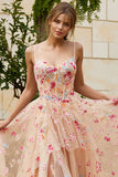 Floral Ivory Spaghetti Straps A-Line Maxi Corset Prom Dress with Slit