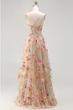 Sparkly Champagne Flowers Corset A-Line Long Prom Dress with Slit
