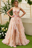 Sparkly Champagne Flowers Corset A-Line Long Prom Dress with Slit