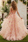 Sparkly Champagne Flowers Corset A-Line Long Prom Dress with Slit