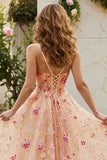 Floral Ivory Spaghetti Straps A-Line Maxi Corset Prom Dress with Slit