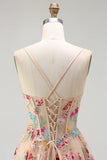 Sparkly Champagne Flowers Corset A-Line Long Prom Dress with Slit