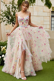 Floral Ivory Spaghetti Straps A-Line Maxi Corset Prom Dress with Slit