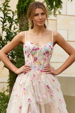 Floral Ivory Spaghetti Straps A-Line Maxi Corset Prom Dress with Slit