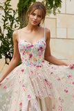 Floral Ivory Spaghetti Straps A-Line Maxi Corset Prom Dress with Slit