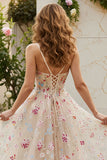 Floral Ivory Spaghetti Straps A-Line Maxi Corset Prom Dress with Slit