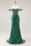 Sparkly Dark Green Sequin Off the Shoulder Mermaid Long Corset Prom Dress