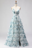 Blue Ruffled Tiered A-Line Long Prom Dress with Slit