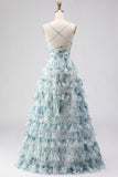 Blue Ruffled Tiered A-Line Long Prom Dress with Slit