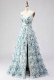 Blue Ruffled Tiered A-Line Long Prom Dress with Slit