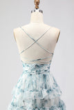Blue Ruffled Tiered A-Line Long Prom Dress with Slit