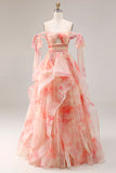 Sunset Ruffled Cut Out A Line Long Prom Dress with Keyhole