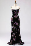 Floral Black Spaghetti Straps Long Mermaid Prom Dress with Slit