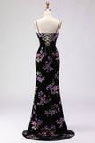 Floral Black Spaghetti Straps Long Mermaid Prom Dress with Slit