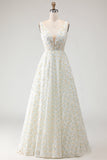 White and Yellow Floral A-Line V Neck Long Prom Dress