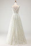 White and Yellow Floral A-Line V Neck Long Prom Dress