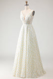 White and Yellow Floral A-Line V Neck Long Prom Dress