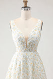 White and Yellow Floral A-Line V Neck Long Prom Dress