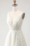 White and Yellow Floral A-Line V Neck Long Prom Dress