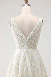 White and Yellow Floral A-Line V Neck Long Prom Dress