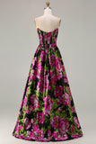 Floral Black Satin Strapless A-Line Long Corset Prom Dress