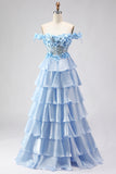 Floral Light Blue A-Line Tiered Long Corset Prom Dress with Ruffles