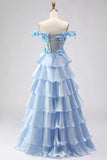 Floral Light Blue A-Line Tiered Long Corset Prom Dress with Ruffles