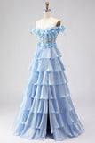 Floral Light Blue A-Line Tiered Long Corset Prom Dress with Ruffles