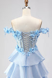 Floral Light Blue A-Line Tiered Long Corset Prom Dress with Ruffles