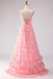 Floral Pink Strapless Ruffled A Line Long Prom Dress with Bows