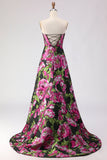 Floral Black A-Line Jacquard Sweetheart Corset Long Prom Dress with Slit