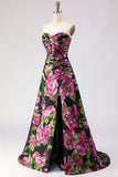 Floral Black A-Line Jacquard Sweetheart Corset Long Prom Dress with Slit
