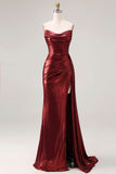 Sparkly Burgundy Metallic Strapless Mermaid Long Prom Dress with Slit