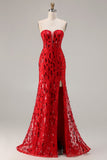 Sparkly Red Mermaid Strapless Long Sequin Prom Dress with Slit
